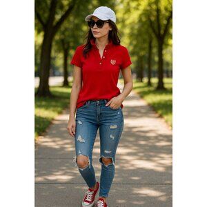 Tommy Hilfiger Red Ruffle Collar Polo XL Preppy Chic Rare